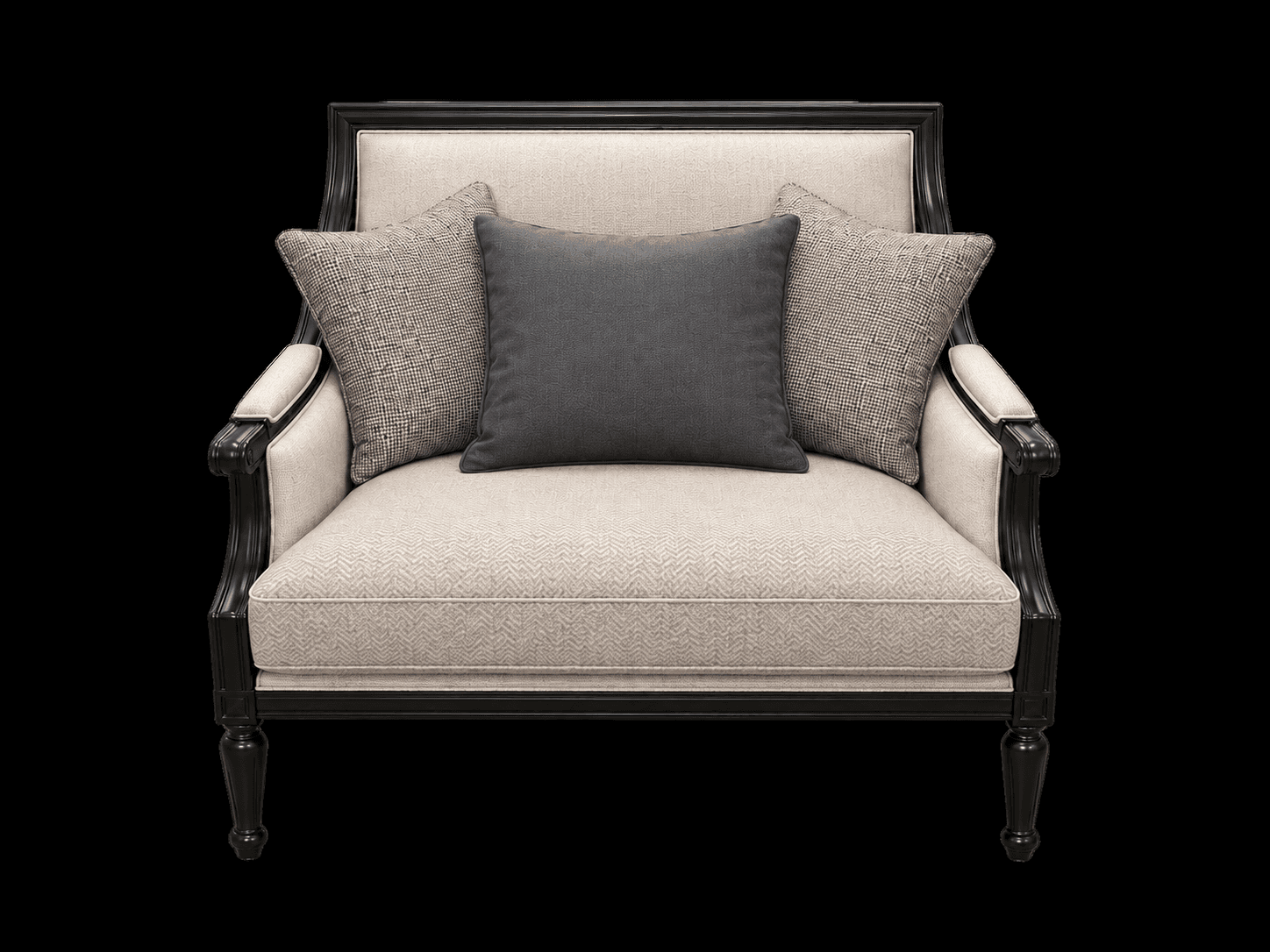 A traditional-style loveseat featuring an exposed dark wood frame with elegant curves, upholstered in a light, textured fabric. It has upholstered armrests, turned legs, and comes with three decorative accent pillows. — 3D model