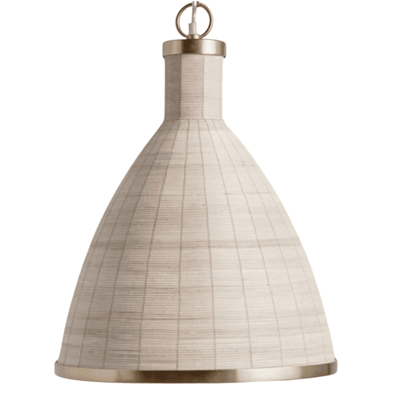 A bell-shaped pendant light featuring a shade made from finely woven natural fibers, likely rattan or bamboo, in a light beige color. The shade has a conical form, widening towards the bottom, and is accented with polished brass bands at the top and along the bottom rim. A small brass loop at the top is for suspension. — 3D model