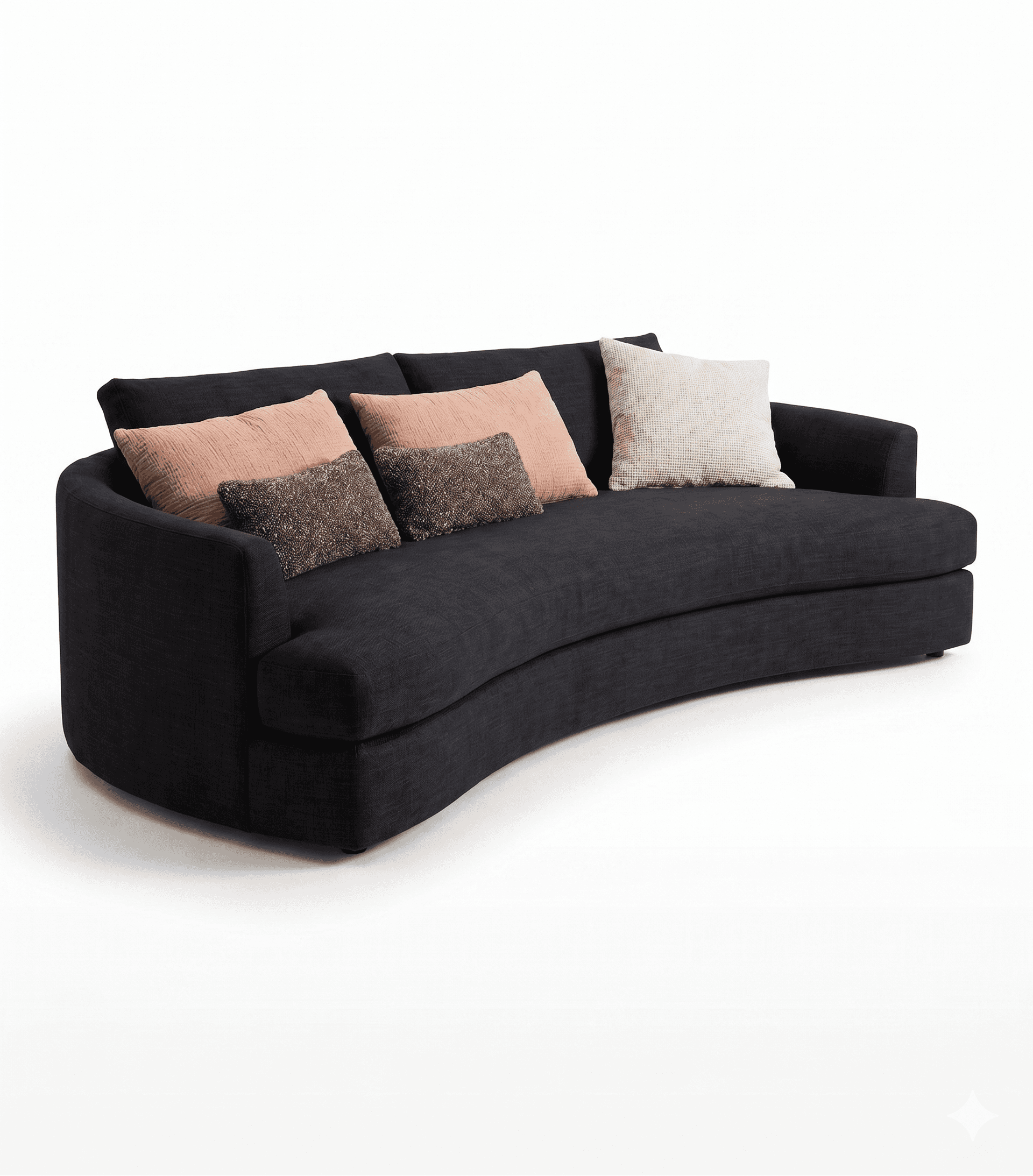 A curved sofa with a dark grey fabric upholstery. It features a low profile and a wrap-around armres… — free OBJ 3D model