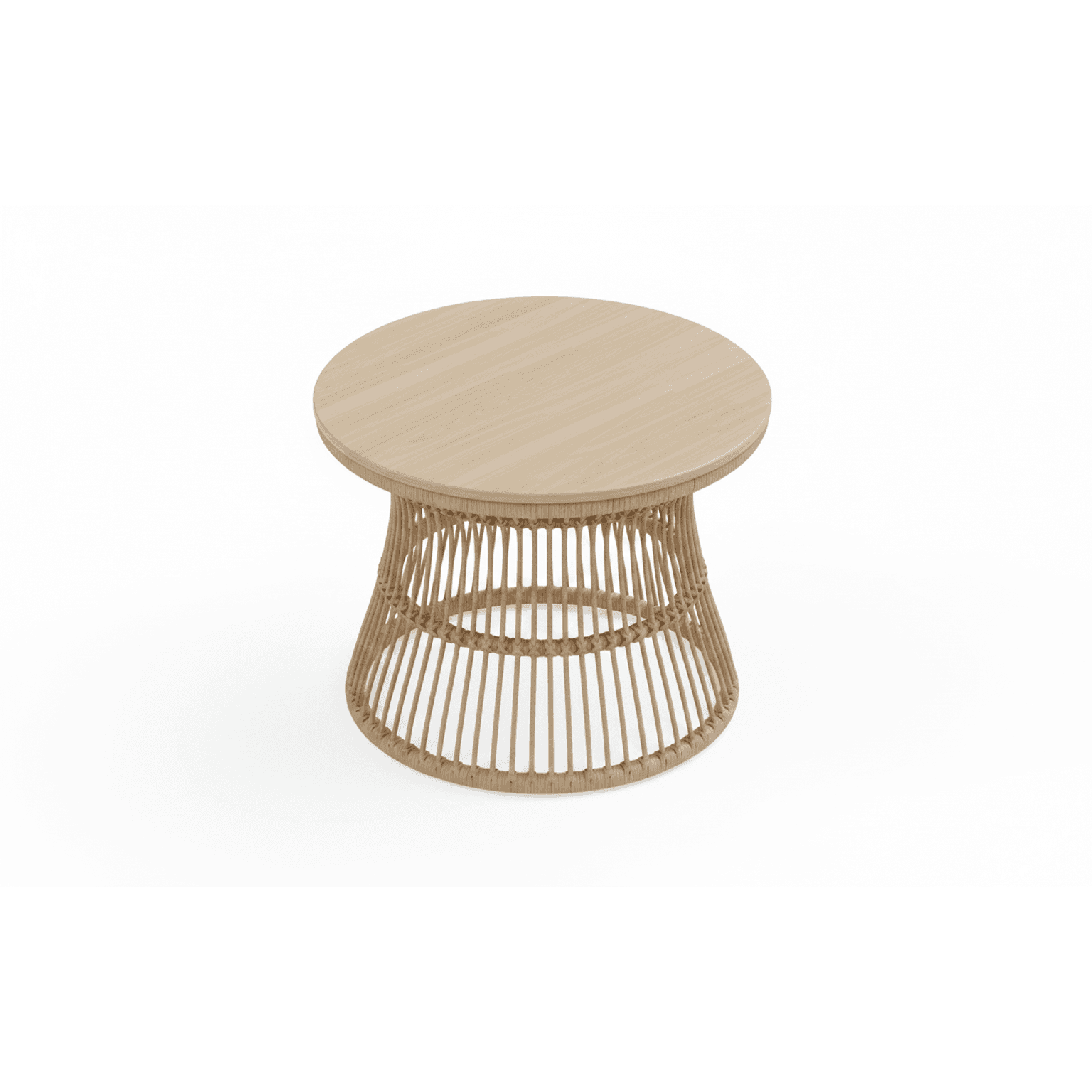 A low-profile, round accent table featuring a smooth, light-toned wooden top and a distinctive conical base crafted from woven natural rattan. The base is formed by numerous vertical rattan strands, tightly secured by horizontal weaving, creating an open, airy lattice structure that tapers upwards to support the tabletop. — 3D model