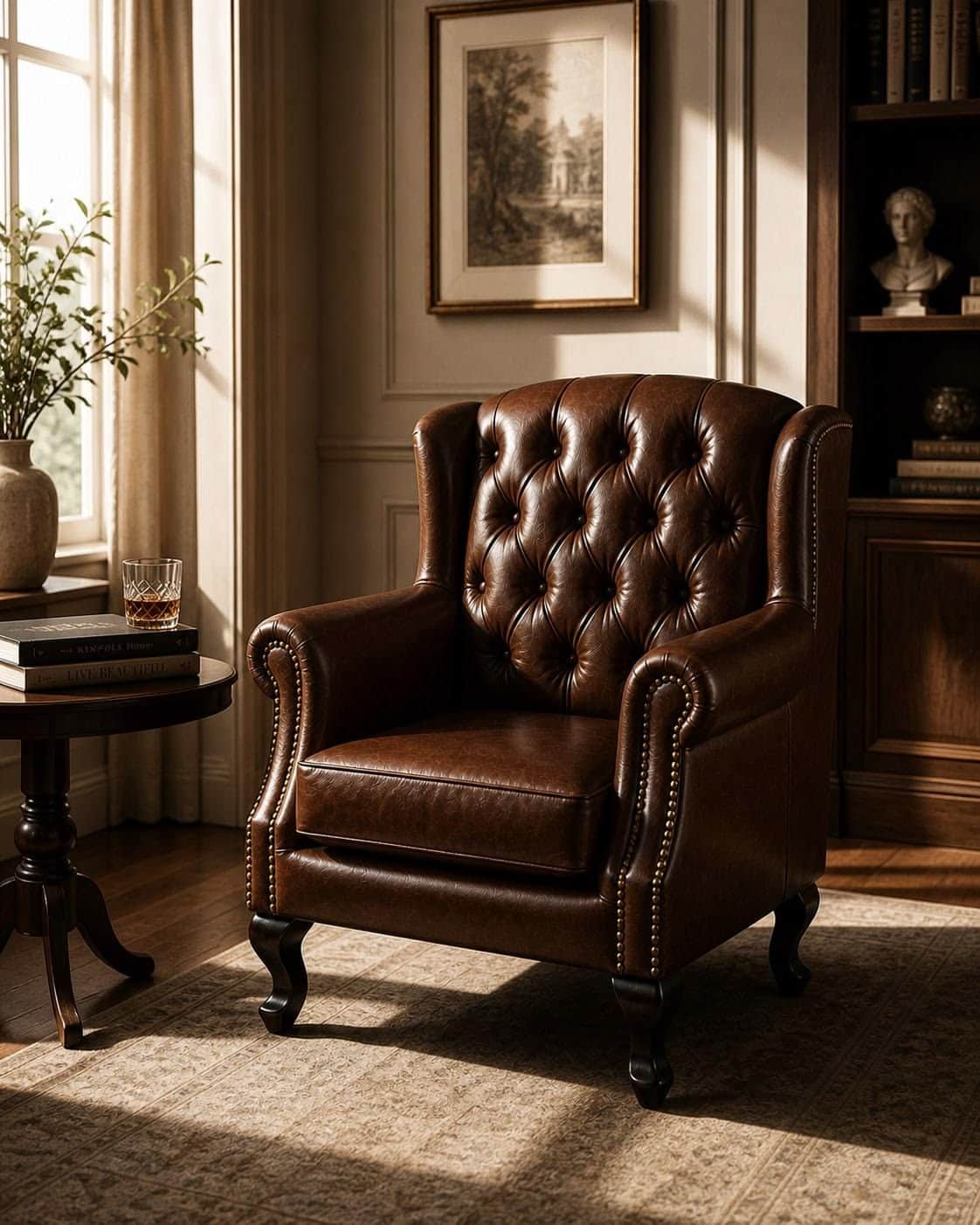 A tufted leather wingback armchair with rolled arms and nailhead trim. The chair features a high bac… — free OBJ 3D model