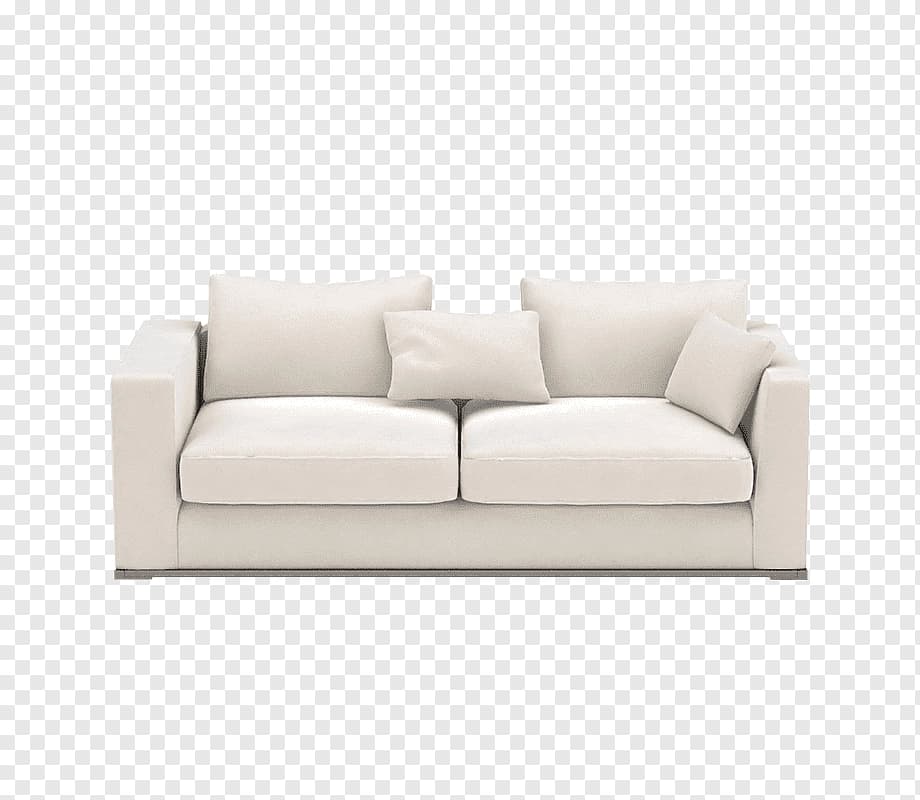 A modern two-seater sofa upholstered in light fabric, featuring a rectangular frame, square arms, loose seat and back cushions, and a recessed metal base. — 3D model