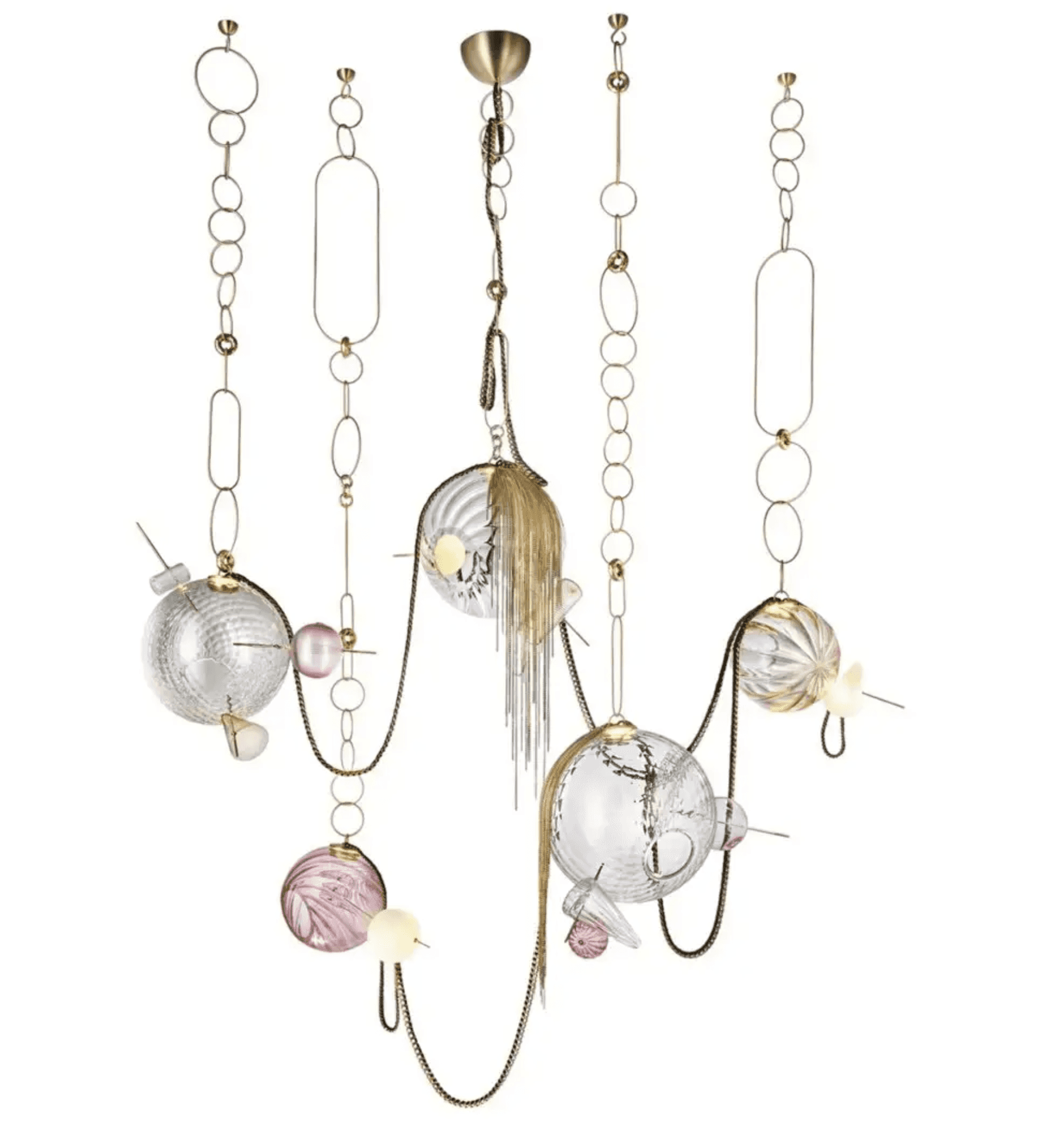 A striking multi-tiered chandelier featuring an intricate arrangement of brass-toned metalwork, deco… — 3D model
