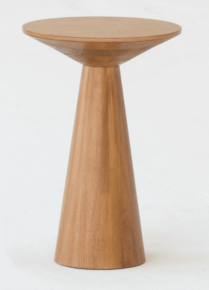 A modern side table with a conical base that flares out to a rounded, disc-shaped top. The design is minimalist and features a natural wood grain. — 3D model