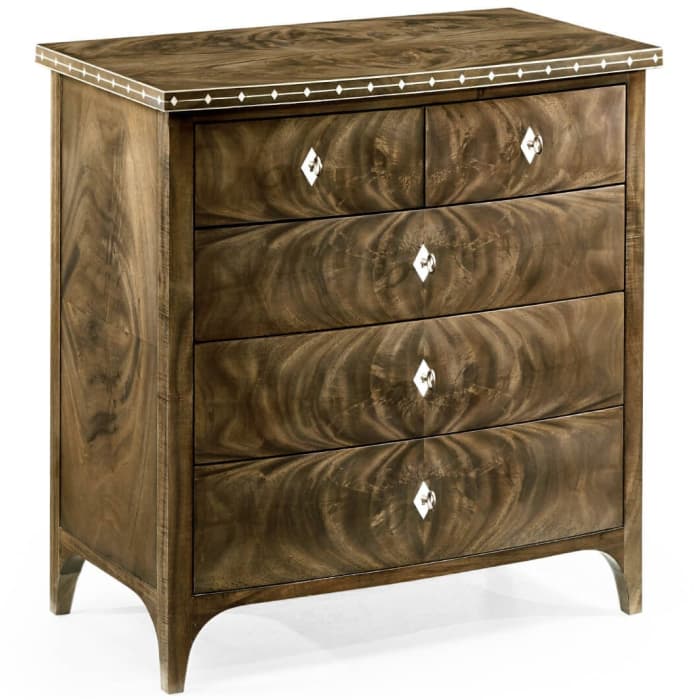 A dark brown wooden chest of drawers featuring a serpentine front, five drawers (two small on top, three larger below), and highly figured wood veneer. The top surface has a geometric inlay pattern of diamond shapes, repeated along the edge. Each drawer is equipped with a single diamond-shaped, silver-toned metal pull. The chest stands on four subtly curved, splayed feet. — 3D model