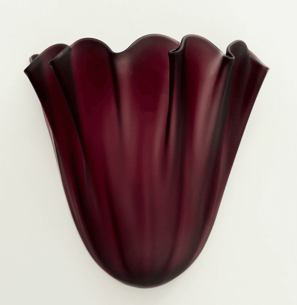 A deep amethyst-colored art glass vase featuring a dramatically ruffled and undulating rim, with a sculptural body that tapers gently towards a rounded base. The translucent glass exhibits varying shades of purple, creating a dynamic interplay of light and shadow on its organic, pleated surface. — 3D model