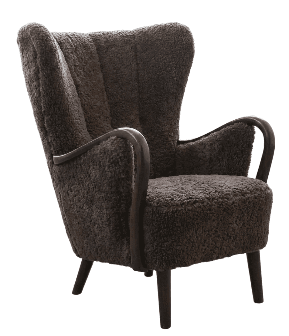 A dark brown upholstered armchair with a high back and curved wooden armrests. The upholstery appear… — free OBJ 3D model