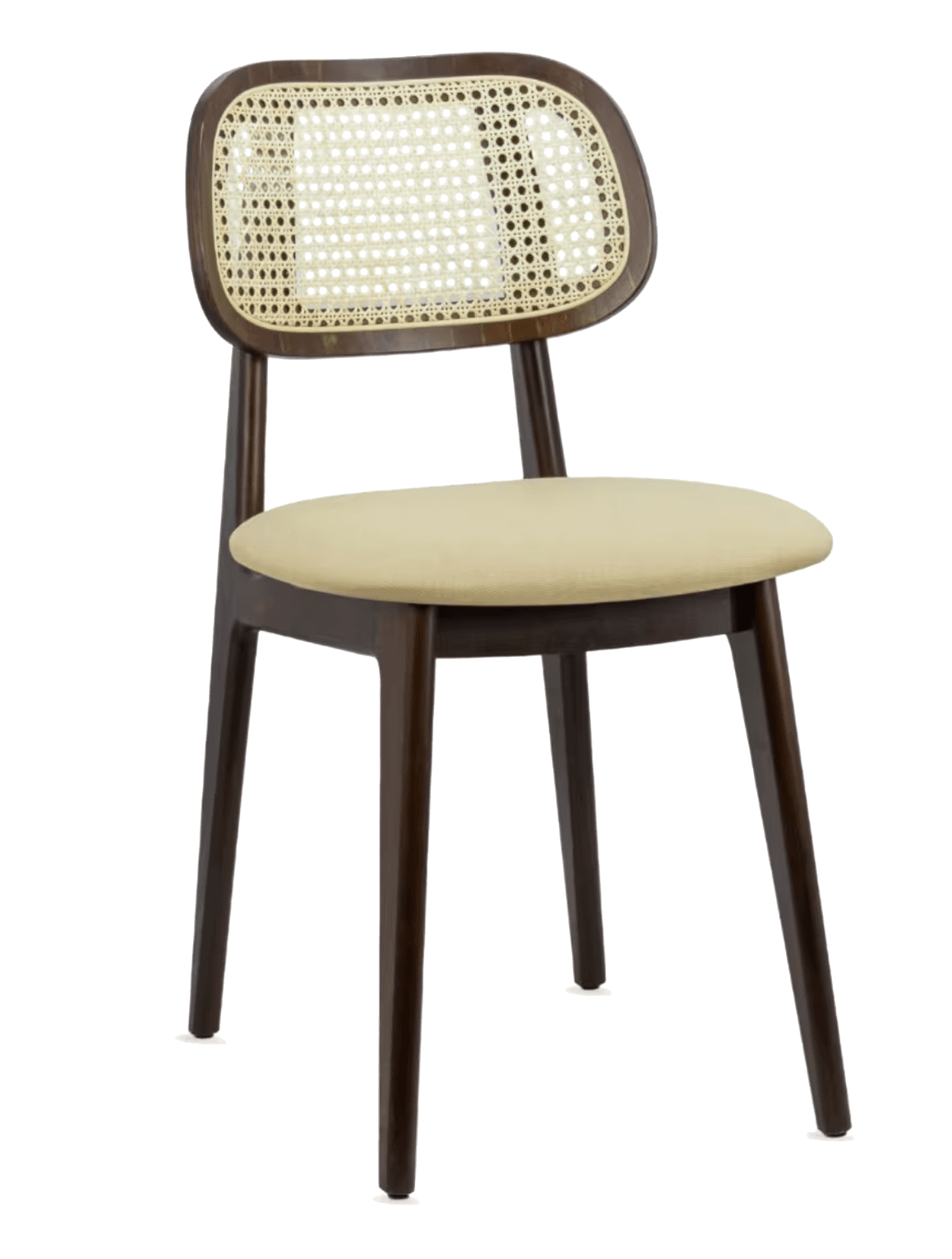 A dark brown wooden chair with a cane-backed headrest and a beige upholstered seat. The chair has four legs, and the backrest is curved and features a woven cane insert with a perforated pattern. The seat is a rounded square shape. — 3D model
