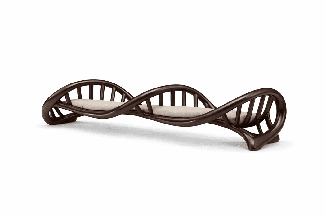 A daybed with a unique design mimicking a DNA double helix structure. The frame is made of dark, cur… — 3D model