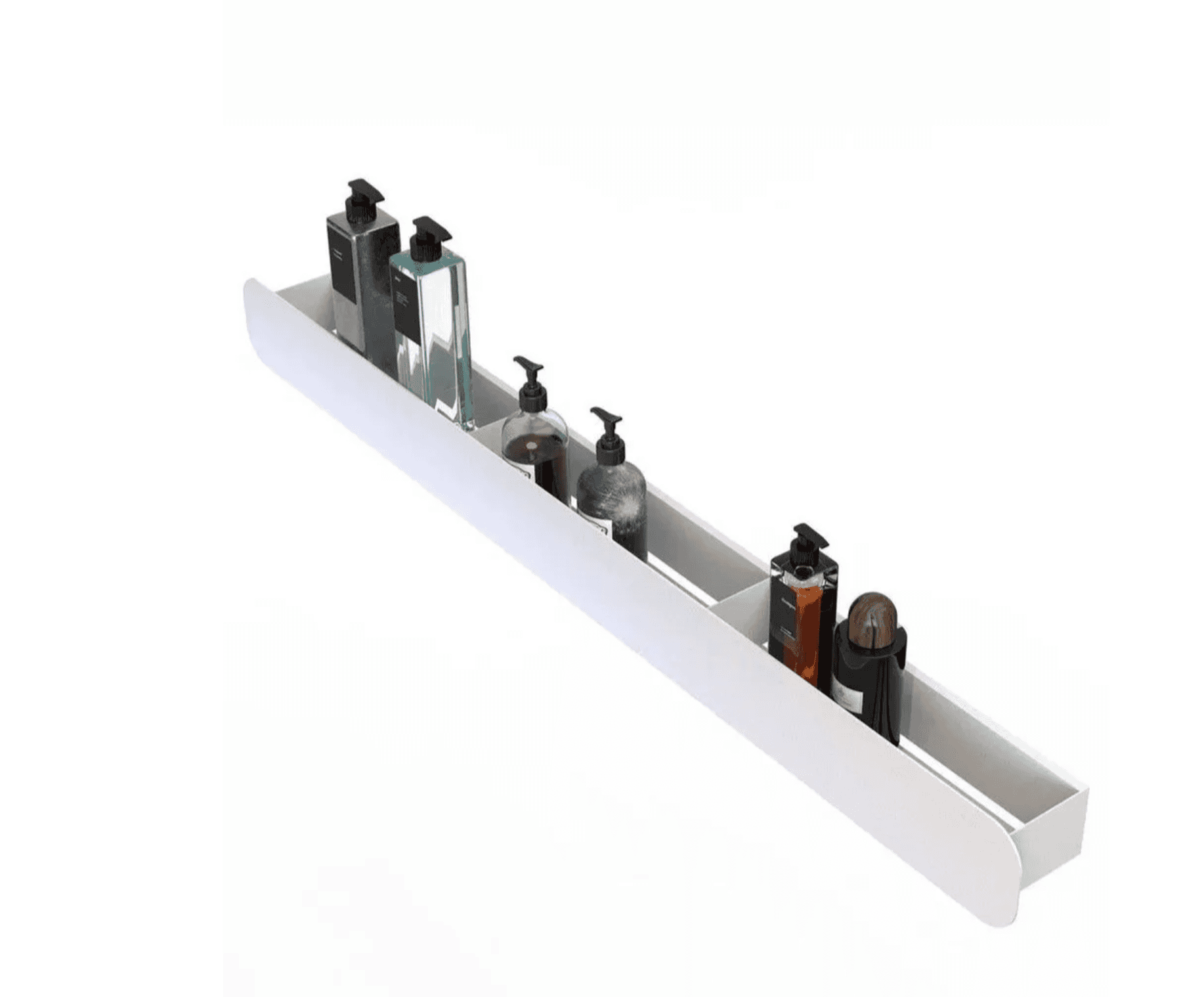 A sleek, modern, white wall-mounted shelf, specifically designed for holding bath or shower products… — 3D model
