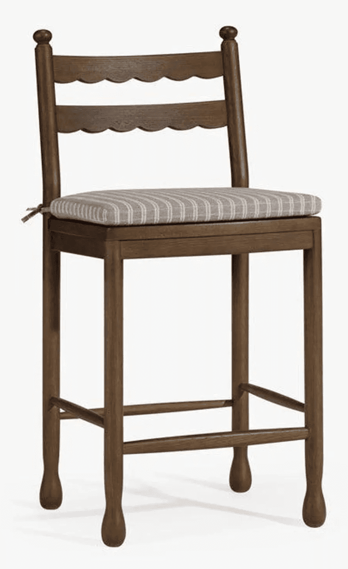 A wooden bar stool with a cushioned seat and two vertical back supports. The seat has a striped fabr… — 3D model