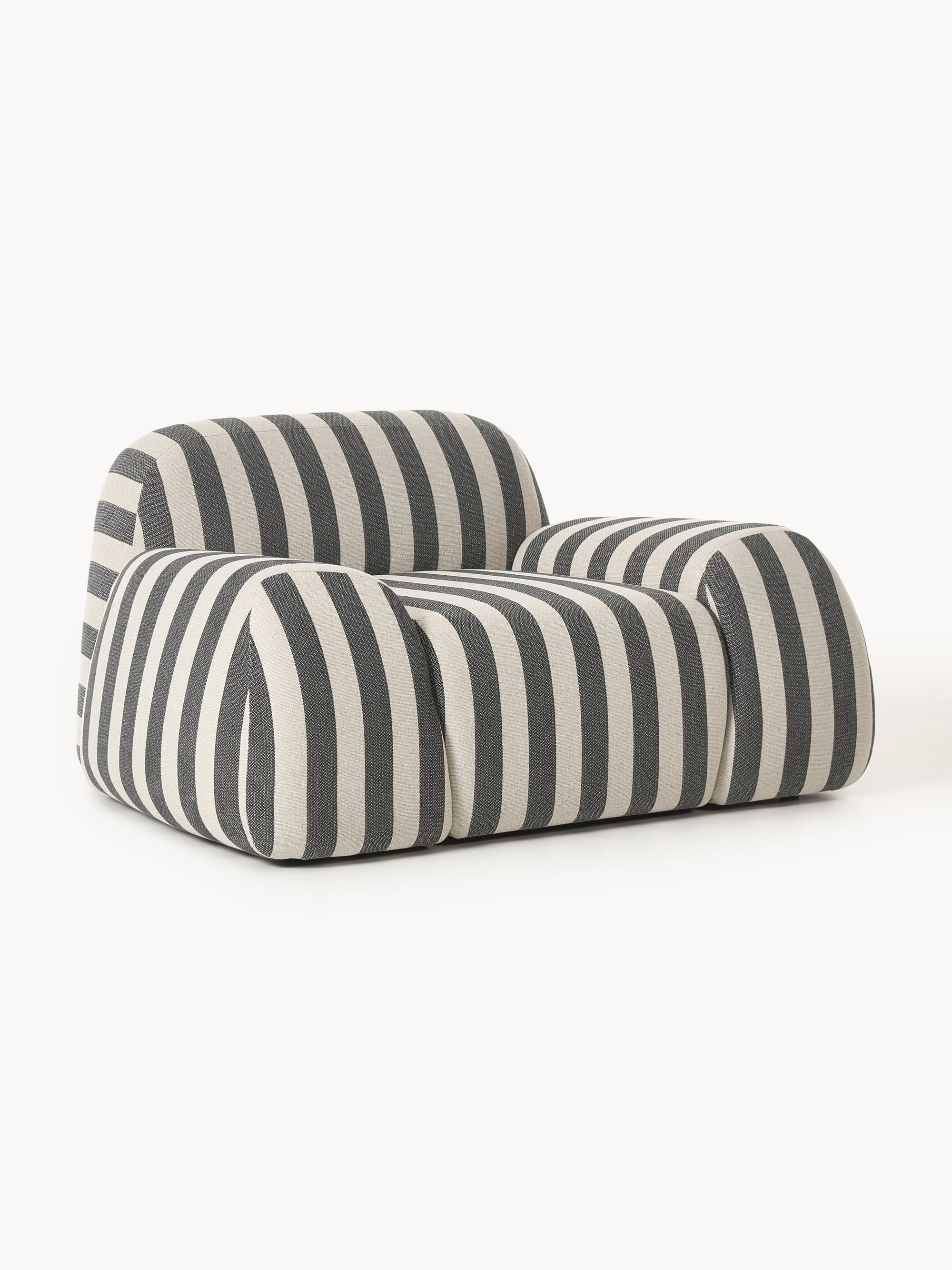 A contemporary lounge chair featuring a plush, rounded silhouette and upholstered in a fabric with thick, alternating dark grey and off-white vertical stripes. The chair exhibits an inviting, soft appearance with integrated armrests and backrest. — 3D model