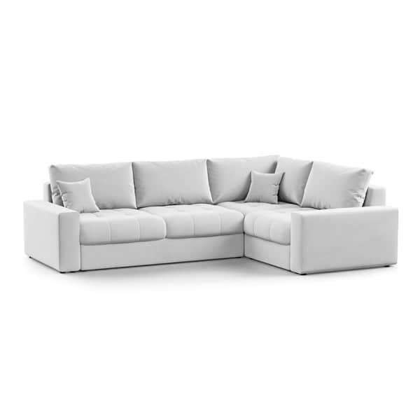 An L-shaped sectional sofa featuring light-colored fabric upholstery, button-tufted seat cushions, p… — 3D model