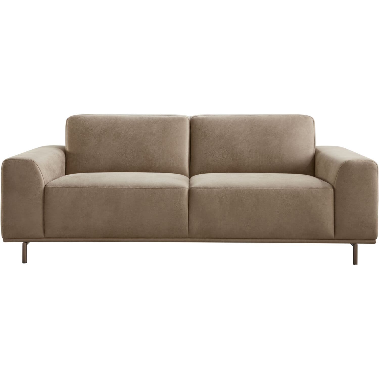 A modern two-seater sofa with clean lines and a low profile. The sofa features plush cushions for the seat and back, and slightly rounded armrests. It is supported by thin, minimalist metal legs. — 3D model
