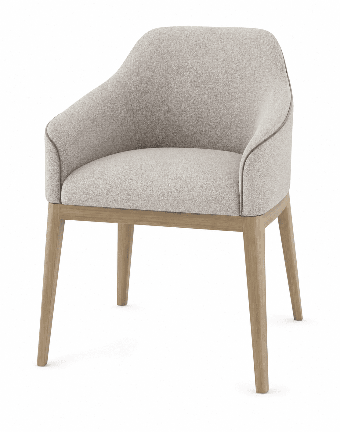 A modern upholstered armchair featuring a light, textured fabric, a rounded backrest with integrated armrests, and a sturdy wooden frame with slender, tapered legs. A thin piping detail accentuates the chair's contours. — 3D model