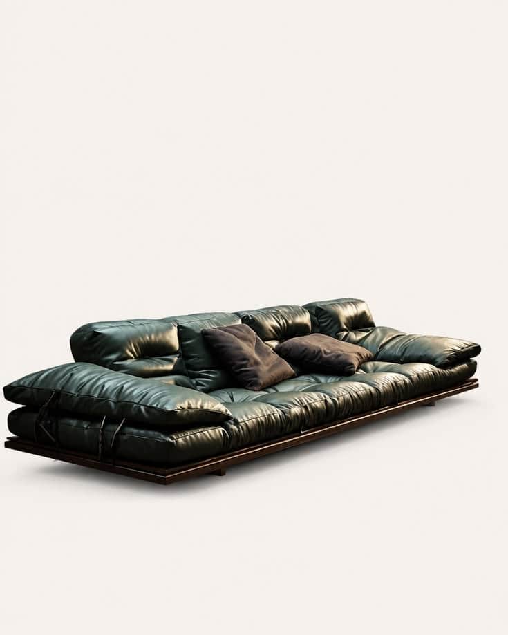A modern, low-profile sofa featuring dark green or black leather upholstery on a dark wood base. The… — 3D model