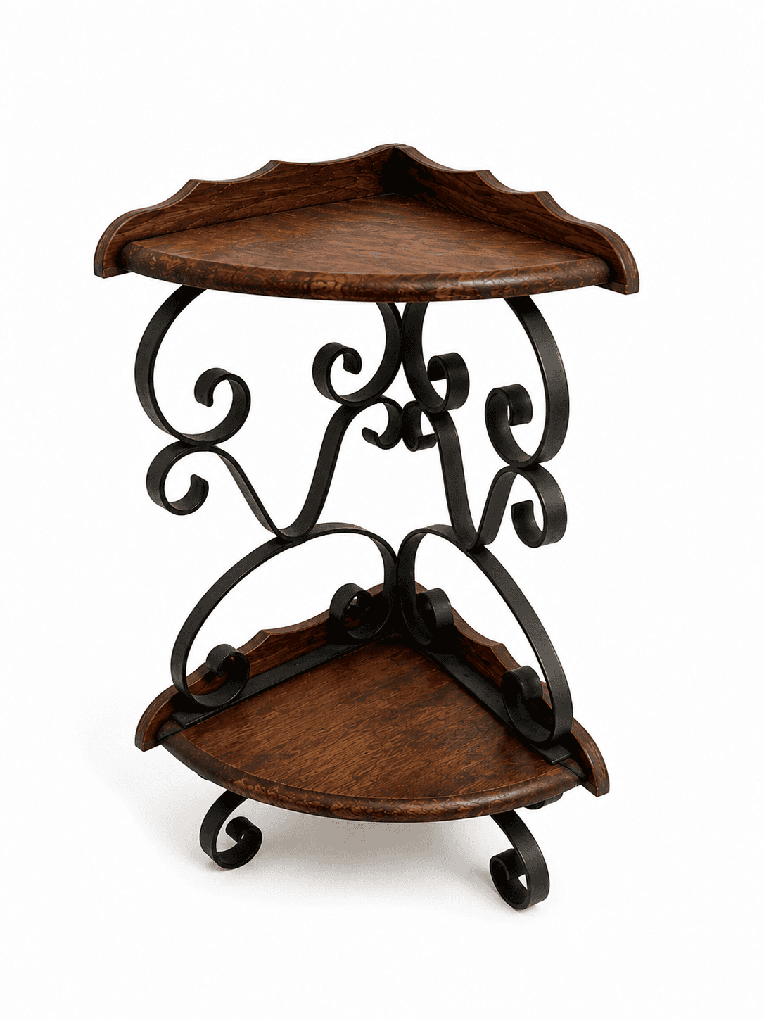 A two-tiered corner shelving unit featuring dark stained wood shelves with scalloped edges and intri… — 3D model