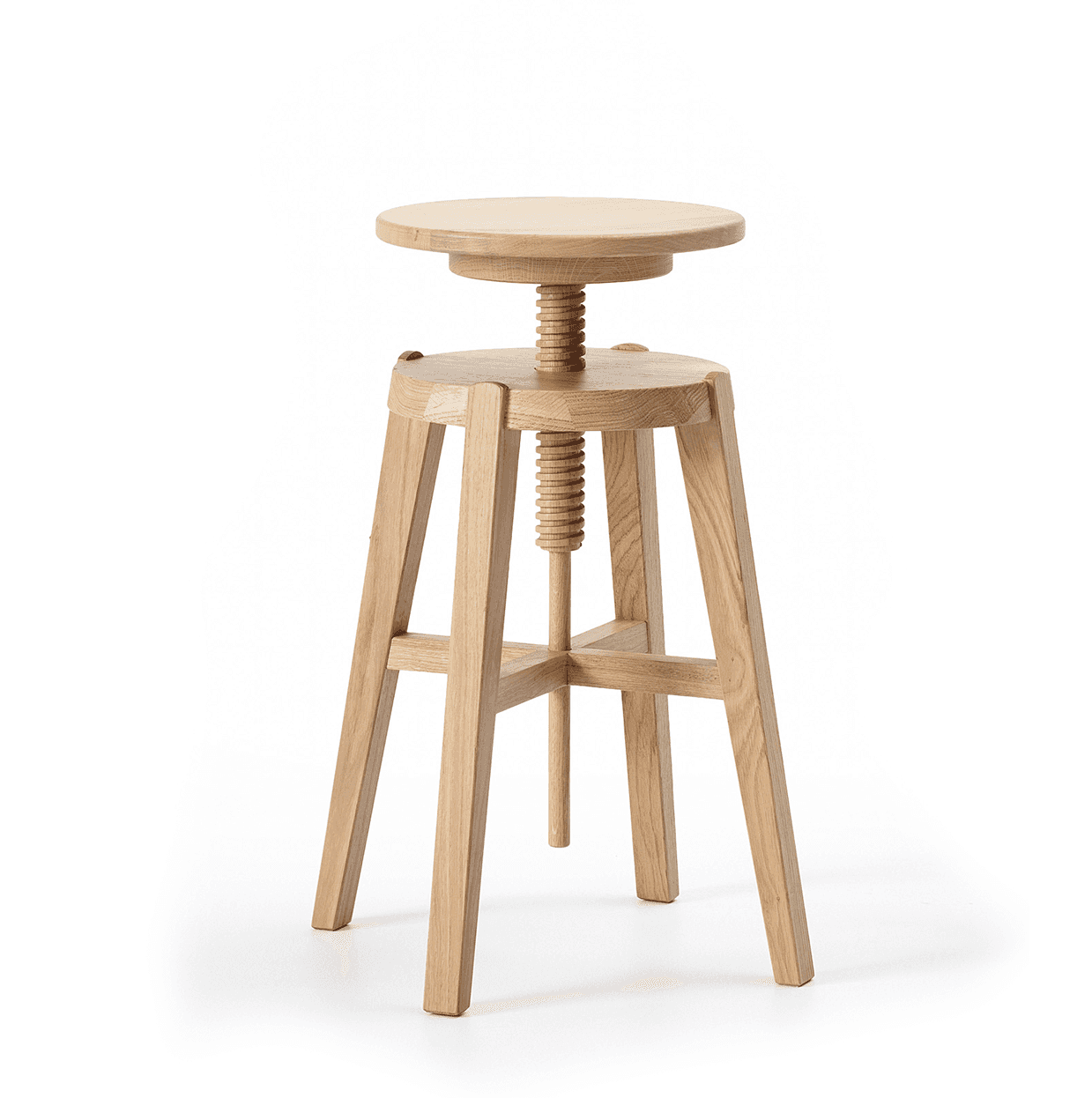 A light-colored wooden adjustable height bar stool with a round seat and a threaded mechanism for he… — 3D model