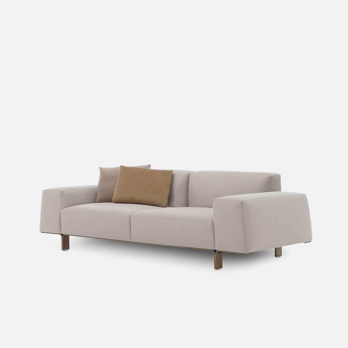 A modern two-seater sofa featuring light gray fabric upholstery, clean lines, and broad, square armr… — 3D model