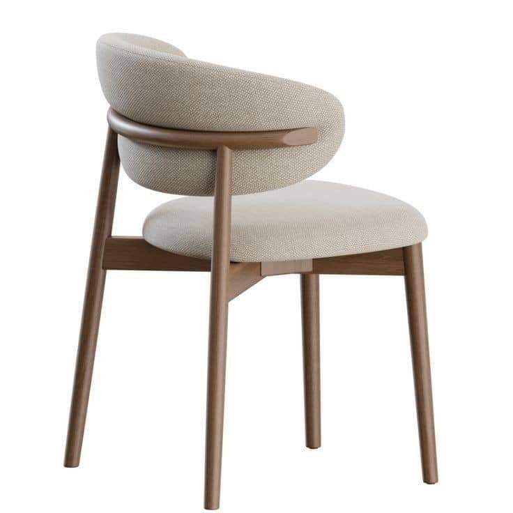 A contemporary dining chair featuring a light beige fabric upholstered seat and a deeply curved backrest, which integrates into short armrests. The frame and legs are constructed from medium-toned wood, with a sleek and minimalist design. The legs are slender and slightly tapered. — 3D model