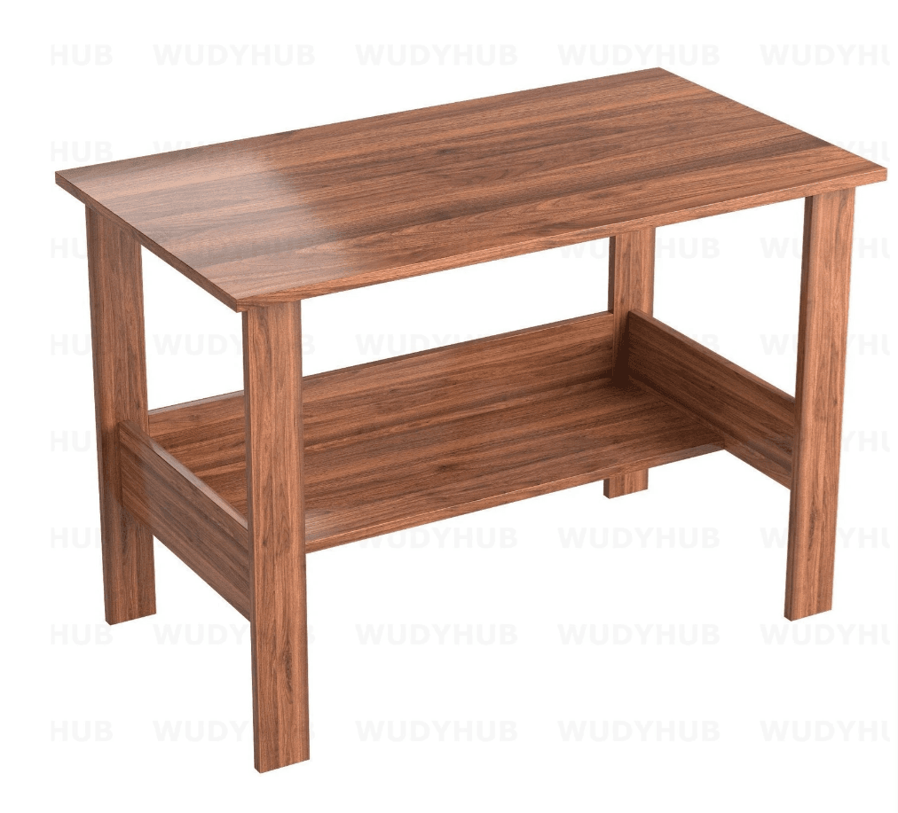 A rectangular coffee table featuring a flat top surface and a spacious lower shelf, all constructed from engineered wood with a medium brown wood-look laminate finish. It stands on four straight, block-style legs, offering a simple and functional design. — 3D model