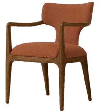 A contemporary dining armchair featuring a solid wood frame with elegantly curved arms and legs, com… — 3D model