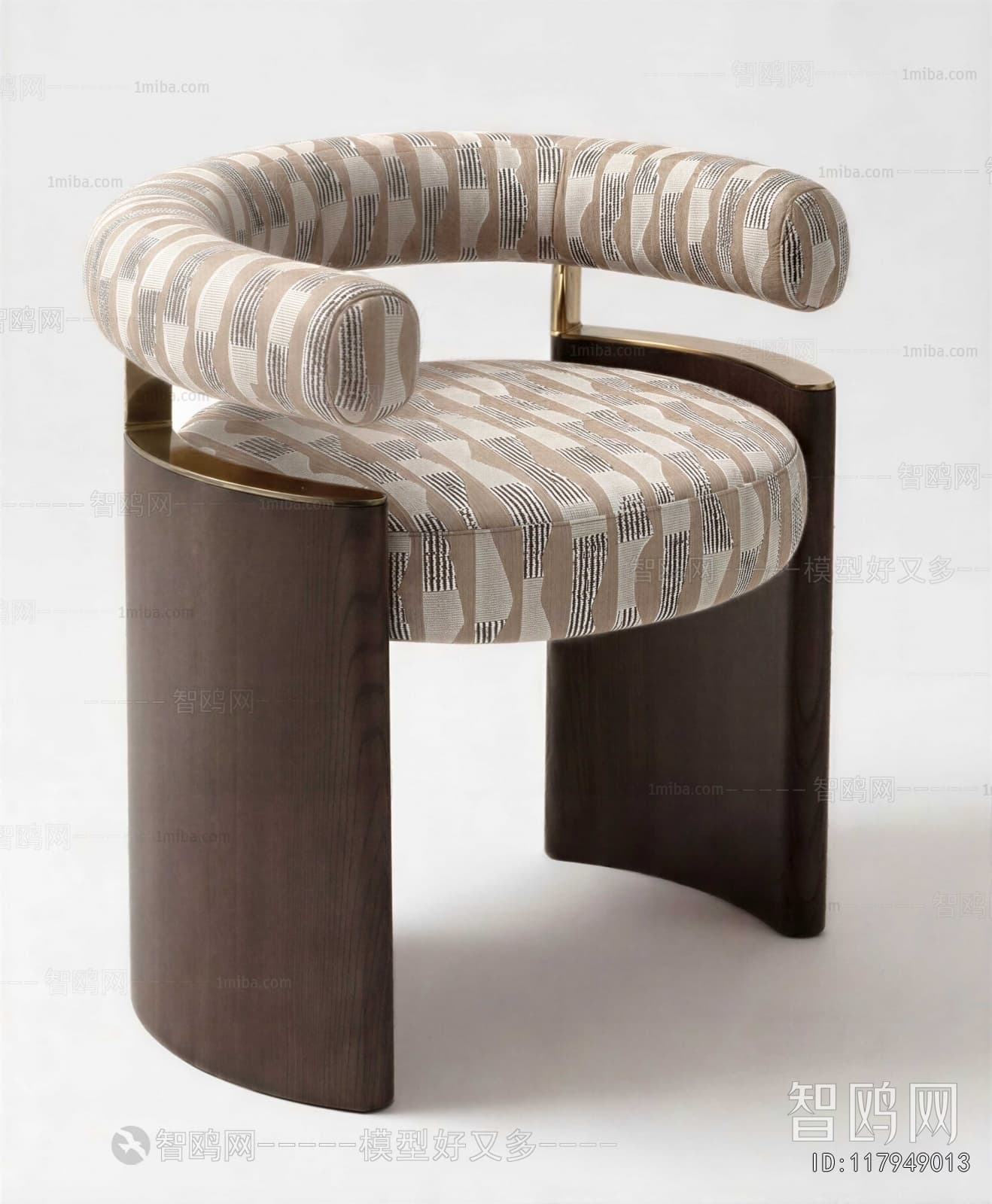 An upholstered barrel back accent chair featuring a distinctive geometric patterned fabric in beige, brown, and black tones. The chair has a solid dark wood plinth-style base with two curved legs, and brass accents connect the upholstered backrest to the seat. — 3D model
