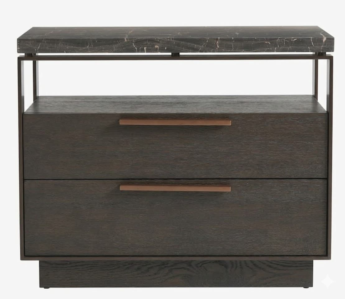 A modern two-drawer nightstand with a dark wood finish and a marble top. The nightstand features integrated copper-toned drawer pulls and a metal frame supporting the marble top. — 3D model