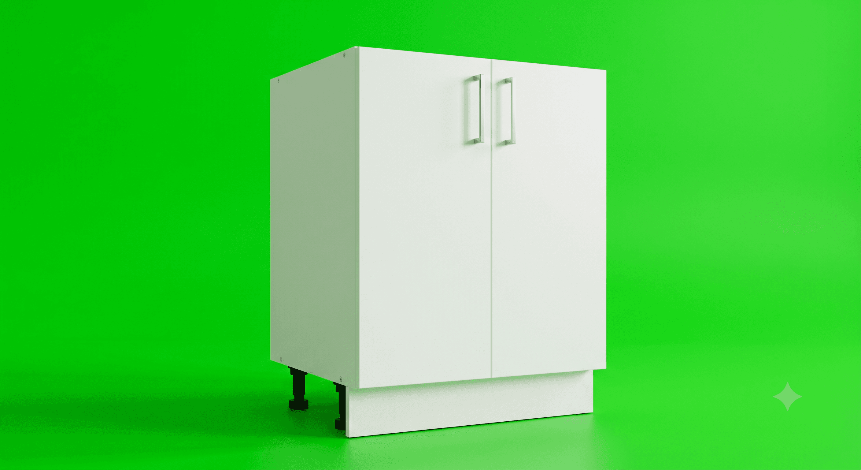 A white, two-door base cabinet with modern rectangular pull handles, designed for modular storage and featuring adjustable leveling feet and an integrated kick plate. — 3D model