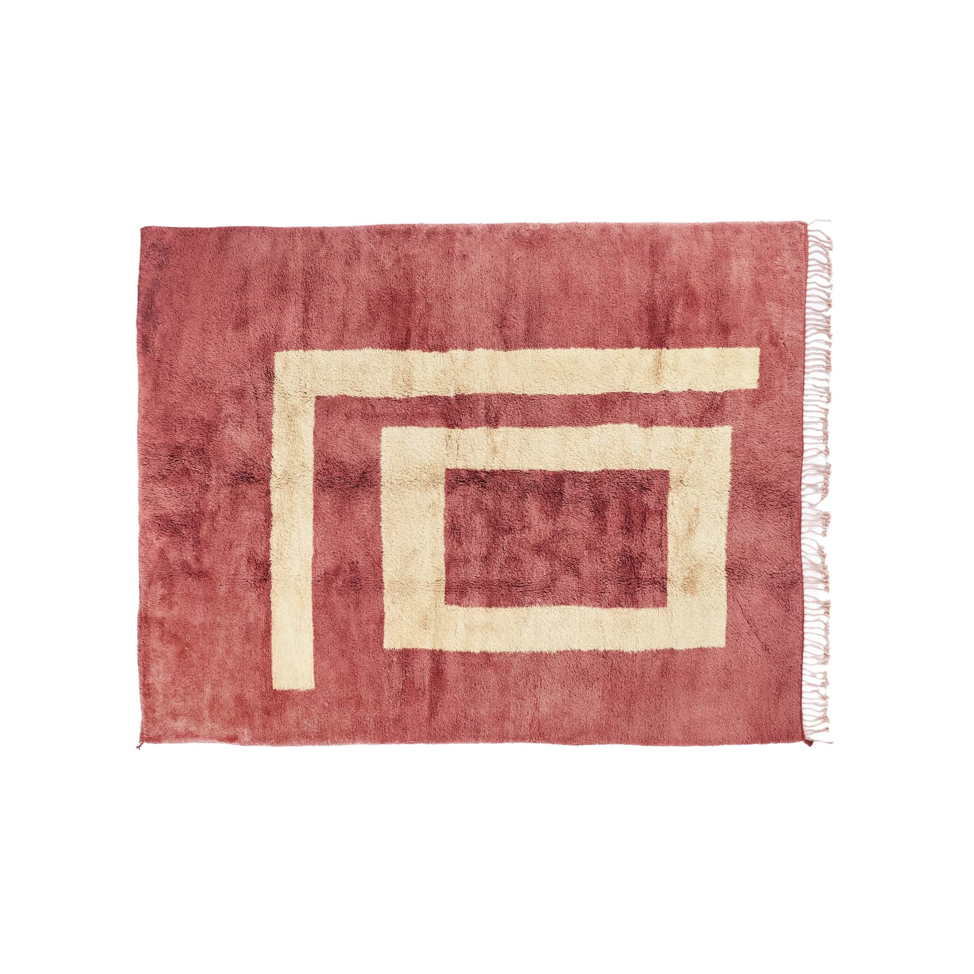 A rectangular area rug featuring a prominent geometric pattern. The rug is primarily a deep maroon o… — 3D model