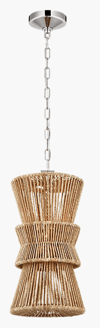 A ceiling-mounted pendant light featuring a natural fiber shade with a tiered, hourglass-like design… — 3D model