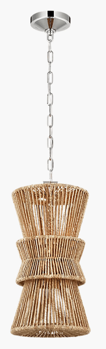 A ceiling-mounted pendant light featuring a natural fiber shade with a tiered, hourglass-like design, suspended by a chrome chain and canopy. — 3D model
