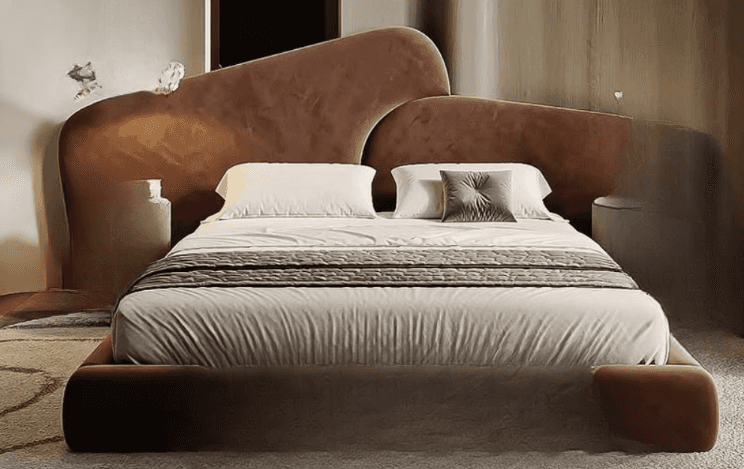 A contemporary upholstered bed frame with a distinctive, asymmetrical headboard. The headboard featu… — free OBJ 3D model