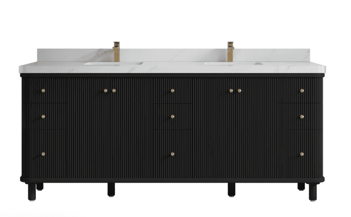 A double vanity unit with a fluted black cabinet, a white marble-effect countertop, and two gold fau… — 3D model