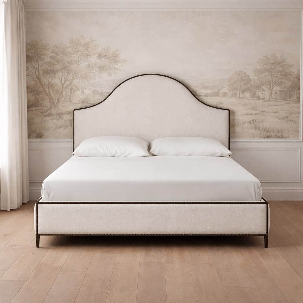 A fully upholstered bed frame with a curved, scalloped headboard. The headboard and the side rails a… — free BLEND 3D model