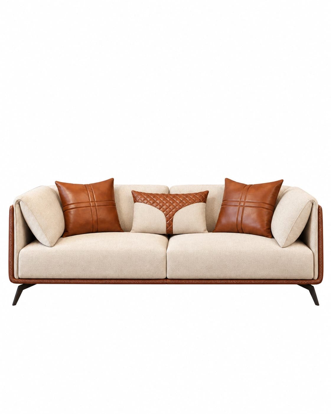 A modern two-seater sofa featuring a contrasting design with light beige fabric upholstery on the seat and back cushions, and rich brown leather-like material wrapping the exterior frame and arms. It rests on slender, dark-colored tapered legs and is accessorized with multiple throw pillows, some matching the brown material, one with a quilted pattern. — 3D model