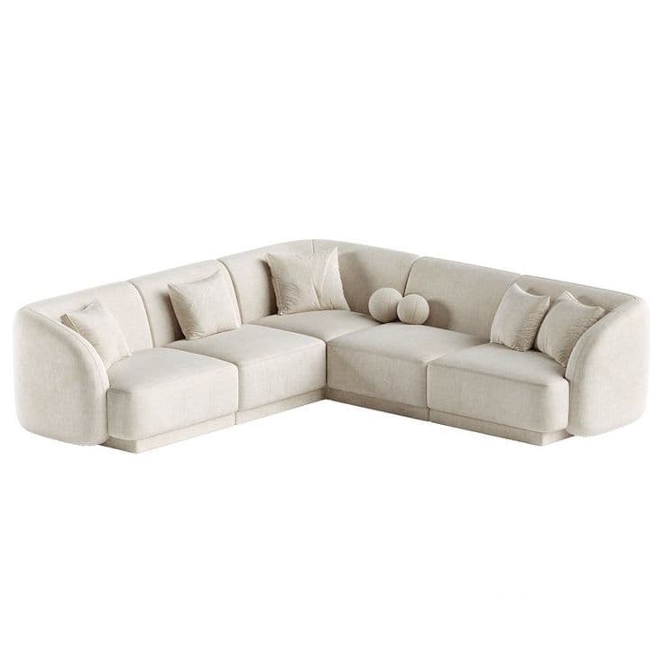 A large, contemporary L-shaped sectional sofa upholstered in light-colored fabric, featuring a modular design with multiple seating segments, rounded arms, and backrests, accompanied by accent cushions. — 3D model