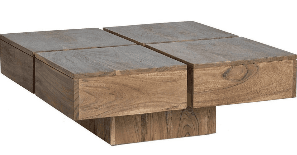 A square-shaped coffee table featuring a modular design composed of four individual square units, each appearing to offer hidden storage. The table is crafted from solid wood, likely acacia, exhibiting a rich, warm brown tone with prominent grain patterns and natural knots. The units are arranged to form a larger square, resting on a central, recessed base, creating a floating appearance. The construction is solid and clean-lined, indicating a modern aesthetic. — 3D model