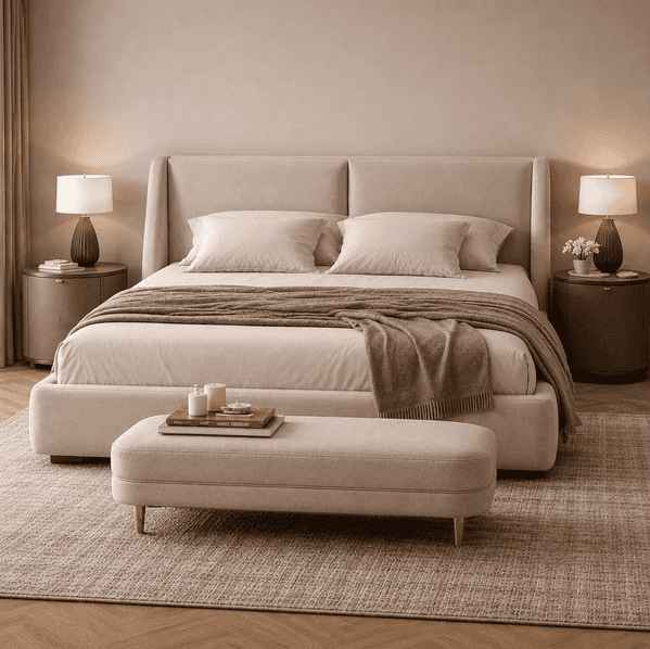 A modern upholstered platform bed featuring a high, slightly winged headboard with two vertical pane… — free GLTF 3D model