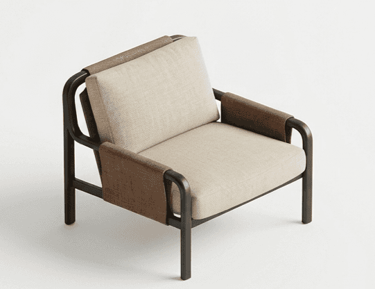 A contemporary single-seater lounge chair featuring a dark tubular metal frame, light-colored uphols… — free OBJ 3D model