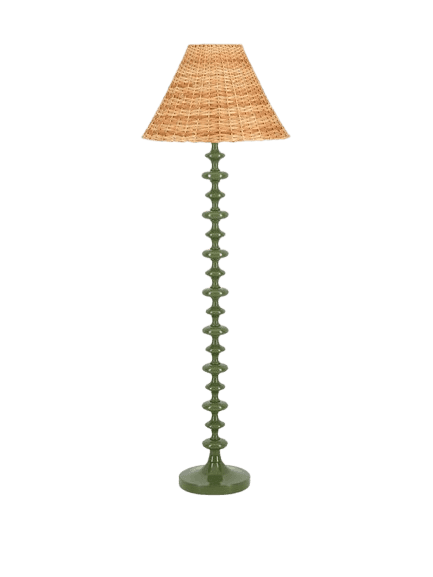 A floor lamp with a segmented, beaded stem and a conical lampshade. The stem is a uniform green colo… — 3D model