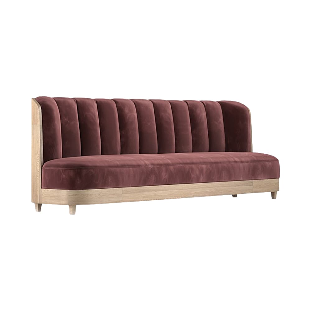A modern sofa with a fluted backrest and a wooden frame. The upholstery is a plush velvet in a deep rose or maroon color, featuring vertical channel tufting on the back. The base and sides of the sofa are constructed from light-colored wood, likely oak or ash, with a natural finish. The sofa has a low profile and a curved silhouette at the top of the backrest. — 3D model
