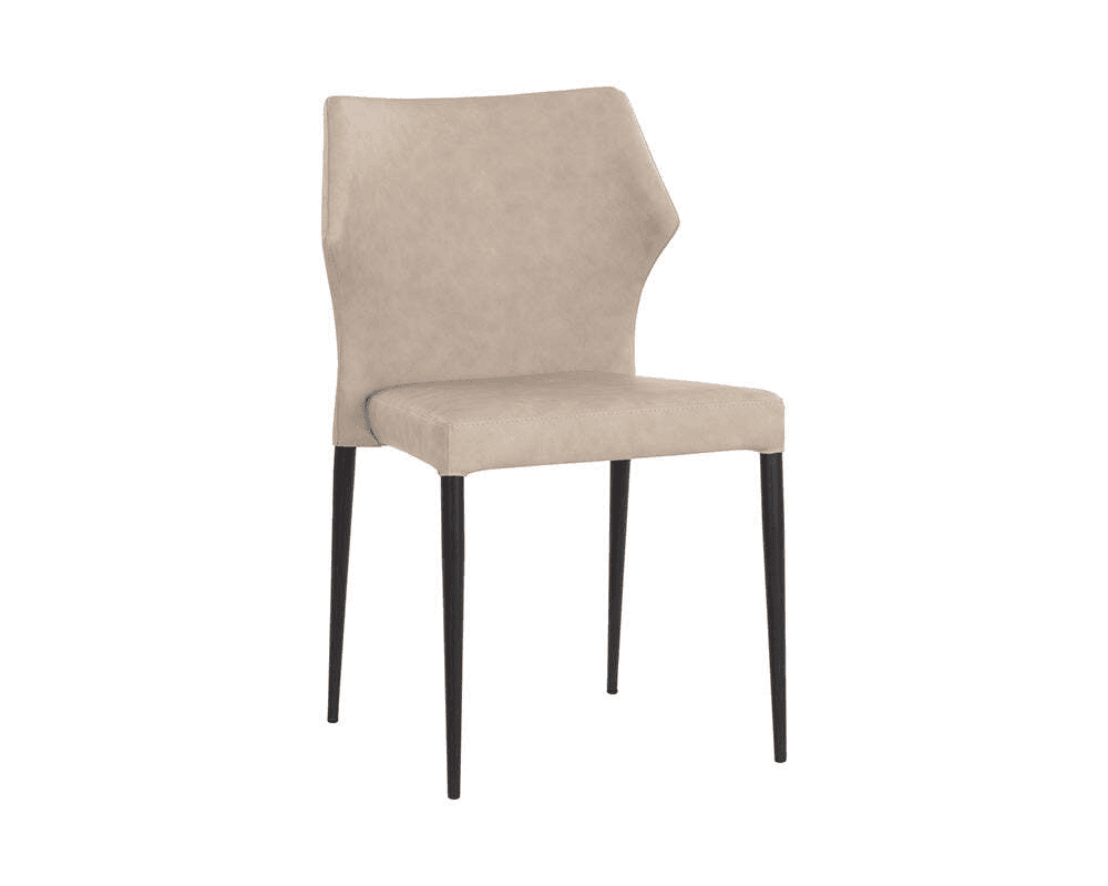 A modern dining chair with a contoured backrest and a upholstered seat. The chair has four slender, dark-colored legs that taper downwards. The upholstery is a neutral, light beige color and appears to be a textured fabric or faux leather. — 3D model