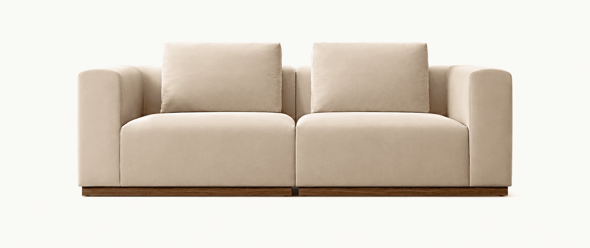 A modern two-seater sofa or loveseat upholstered in light beige fabric, featuring a clean, blocky si… — 3D model