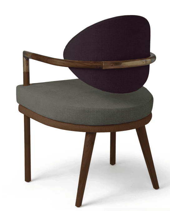 A modern armchair with a sculptural design, featuring a circular, thickly upholstered seat in a grey-green fabric and a crescent-shaped backrest in a deep purple fabric. The dark wood frame includes splayed, tapered legs and curved armrests that integrate the backrest, accented with polished brass fittings. The combination of materials and two-tone upholstery creates a sophisticated and distinctive aesthetic. — 3D model