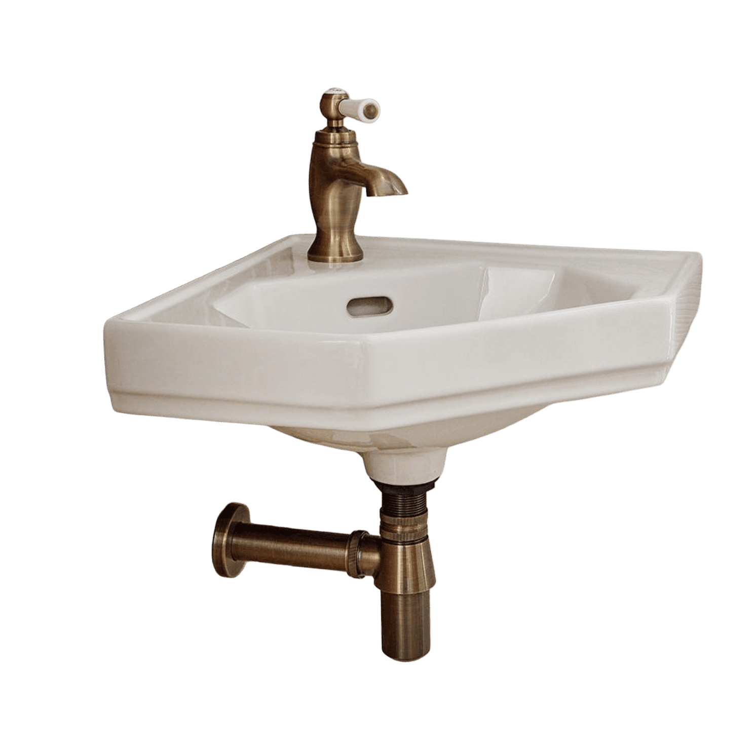 A white ceramic corner sink with a vintage-style brass faucet and drain pipe. The sink features a rectangular basin with rounded corners and a small overflow drain. The faucet has a single lever handle with a white ceramic insert. The drain assembly is also made of brass. — 3D model