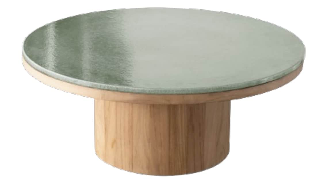 A modern, circular coffee table featuring a light wood pedestal base and a contrasting, lighter gree… — 3D model