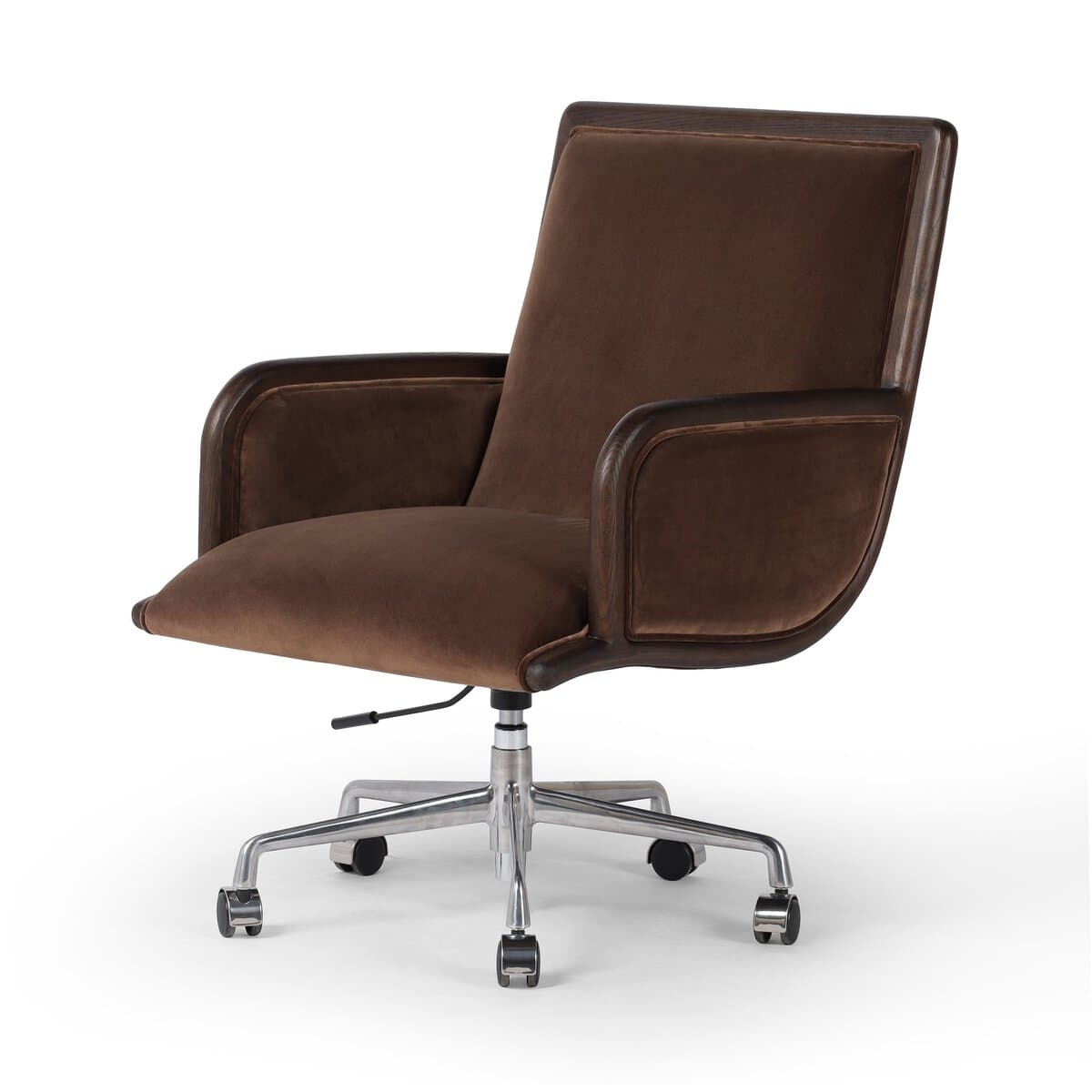 A plush, upholstered office chair with a dark brown velvet-like fabric on the seat, backrest, and armrests. The chair features a wooden frame that outlines the upholstered sections, with curved wooden armrests. It is supported by a five-star base with casters, indicating it is designed for mobility and height adjustment. — 3D model