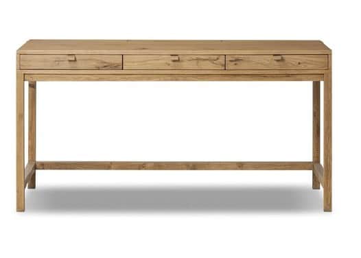 A minimalist wooden desk with a rectangular top and three drawers integrated into the front apron. T… — 3D model