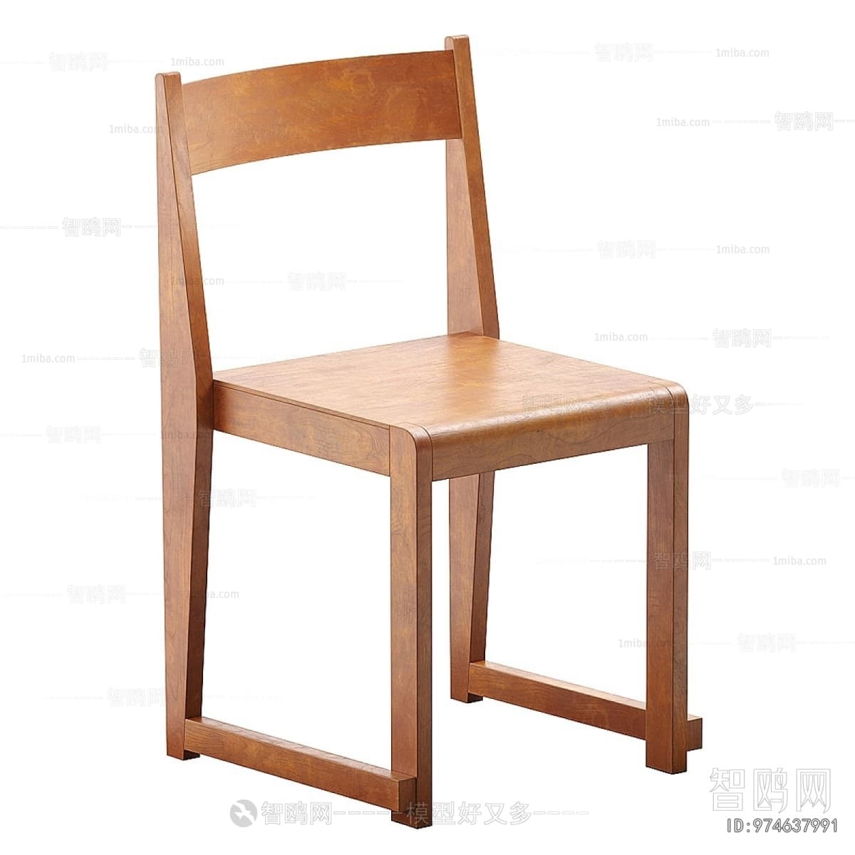 A modern, armless side chair constructed entirely from solid wood, featuring a light brown finish, a subtly curved backrest, and a squared seat. — 3D model